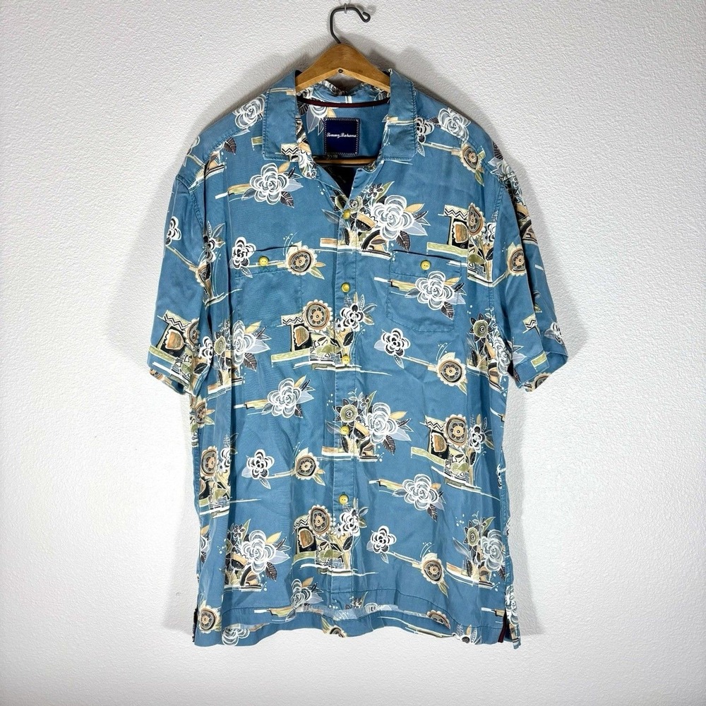 Tommy Bahama‎ Mens Blue Hawaiian Floral Tropical Camp Shirt Beach Vacation XL